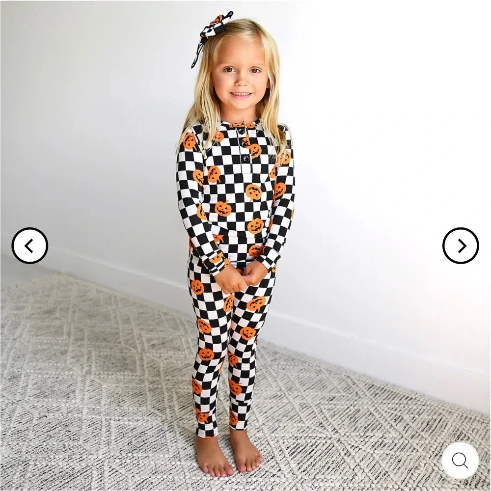Gigi and Max Bamboo Pajamas Set Halloween‎ Jack O Lantern Checkered 6/7Y NEW